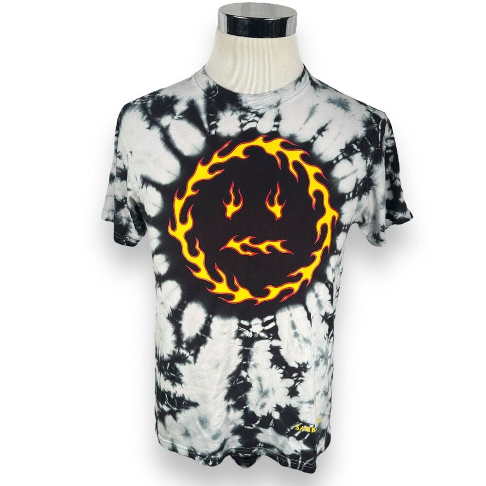 Samborghini Graphic T-Shirt Mens Medium White Black Tie Dye Flaming Happy Face‎